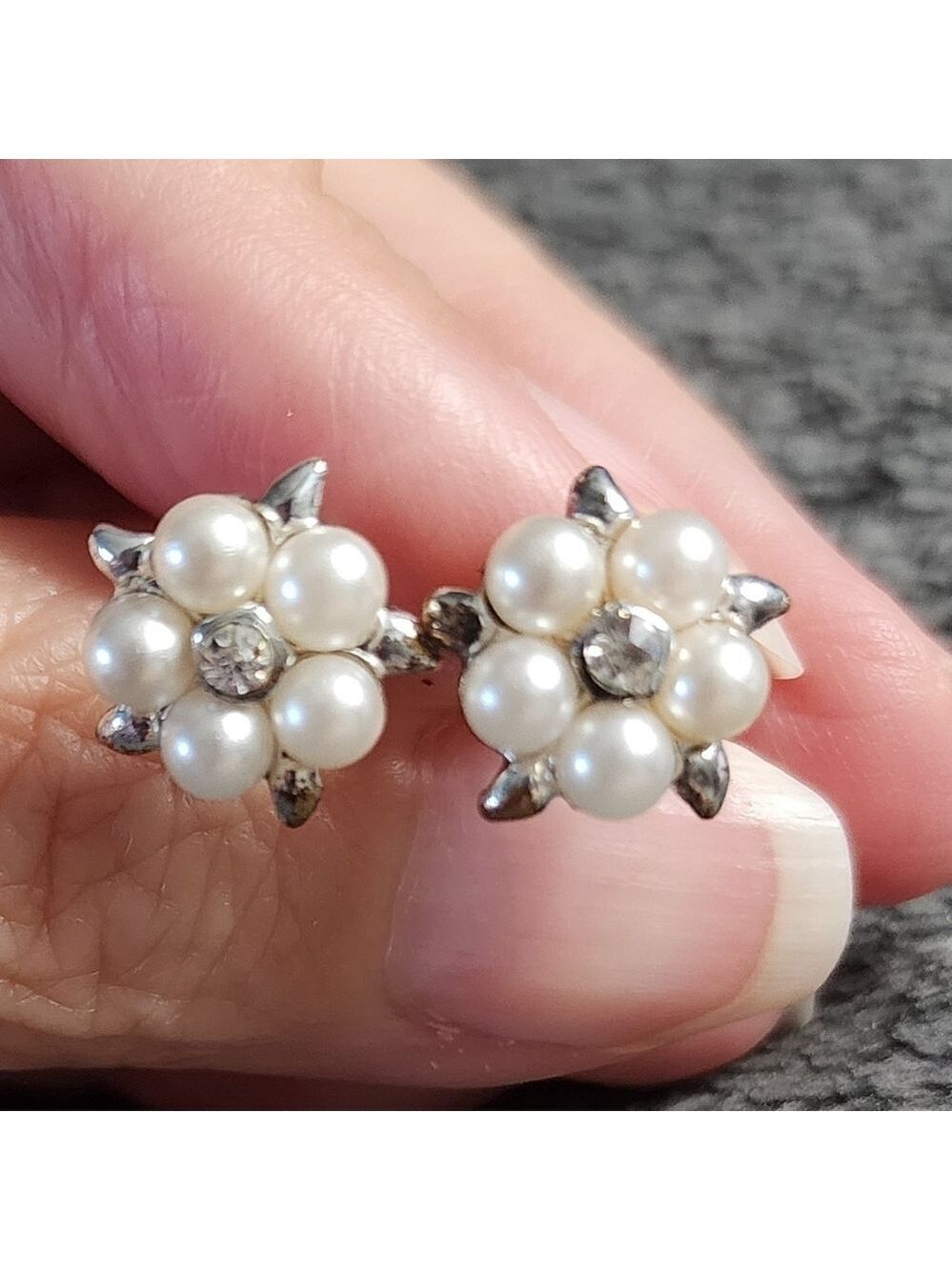 Pearl & Rhinestone Flower Earrings - Picture 2 of 5
